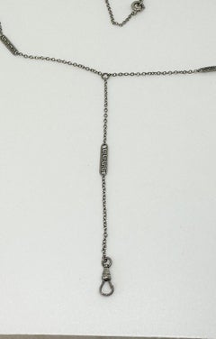 Art Deco Locket Pendant Chain Necklace Sterling Silver Dog Clip Greek Key 29 In.