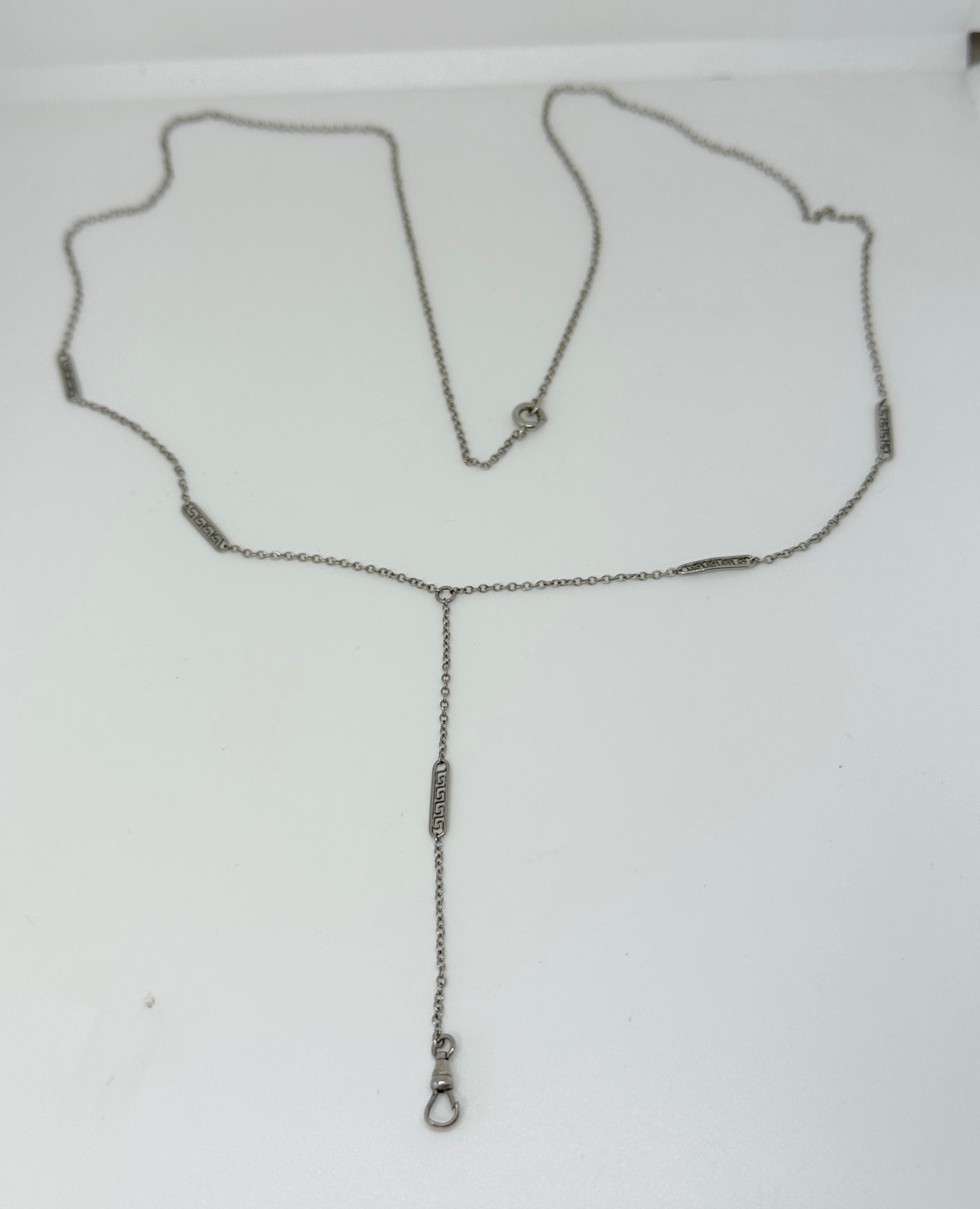Women's or Men's Art Deco Locket Pendant Chain Necklace Sterling Silver Dog Clip Greek Key 29 In. For Sale