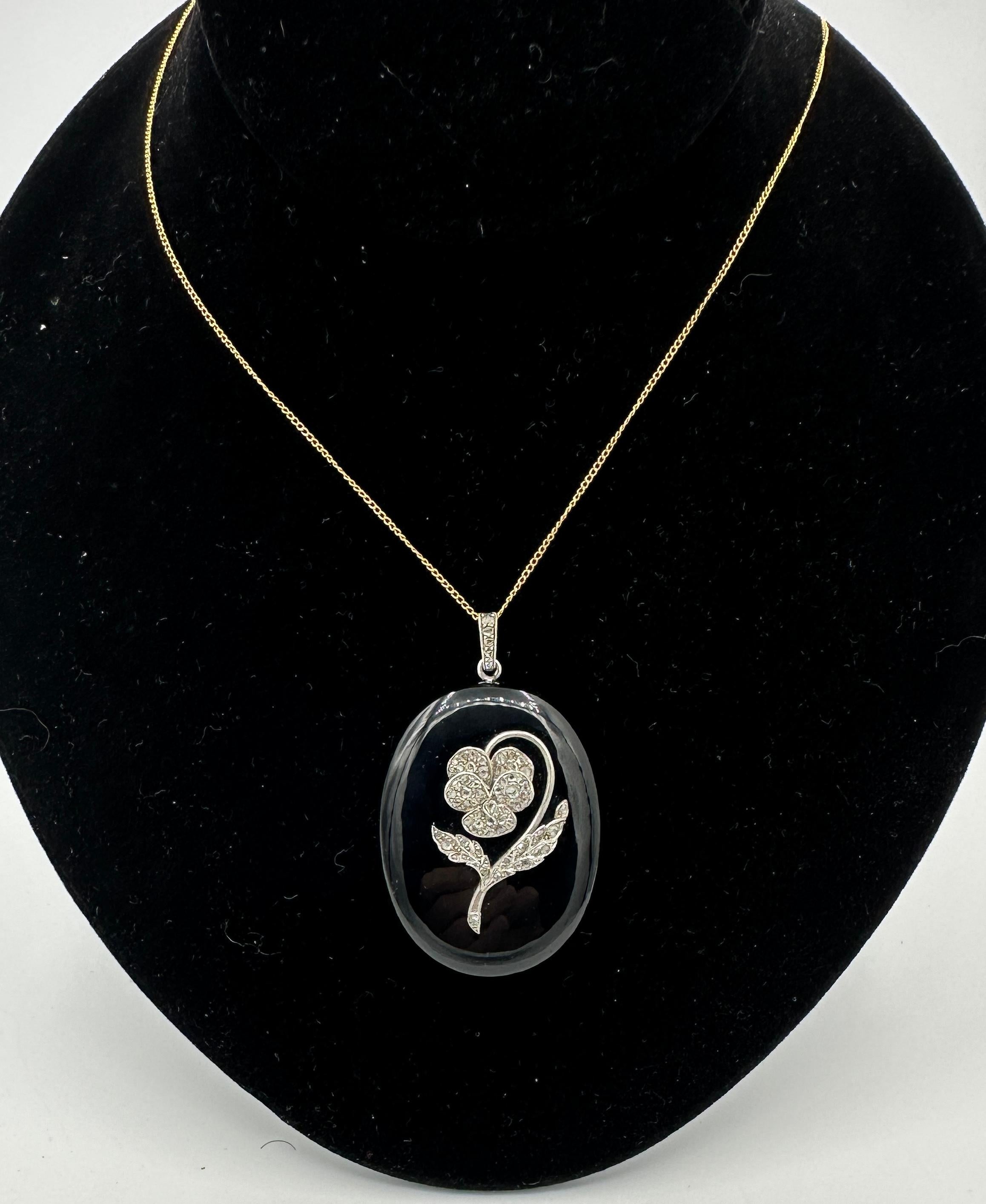 Art Deco Locket Rose Cut Diamond Platinum Pansy Flower Black Onyx Pendant For Sale 6