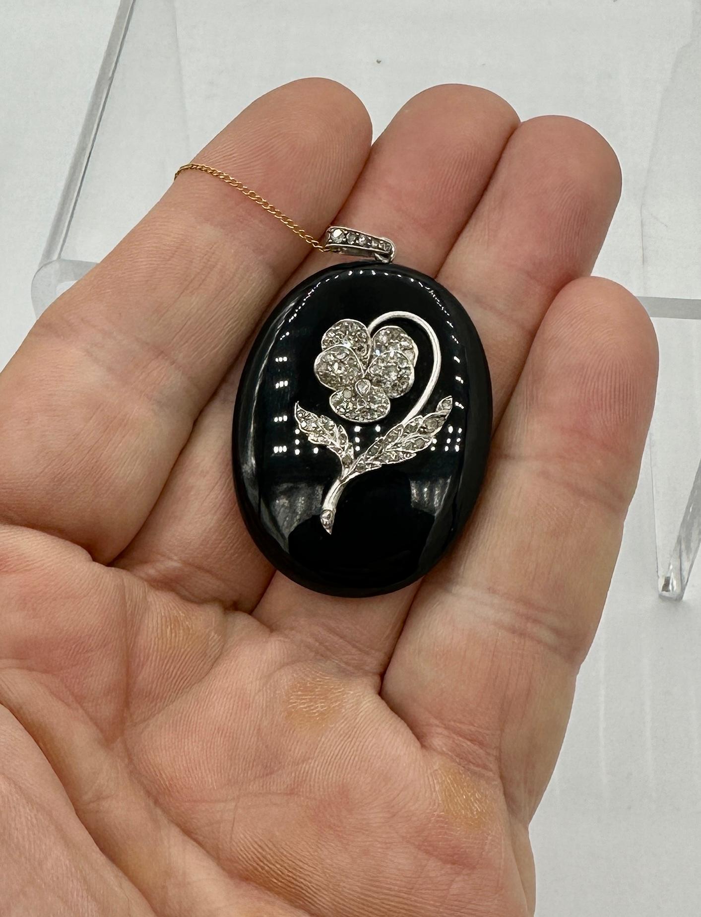 Art Deco Locket Rose Cut Diamond Platinum Pansy Flower Black Onyx Pendant For Sale 7