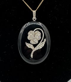 Art Deco Locket Rose Cut Diamond Platinum Pansy Flower Black Onyx Pendant