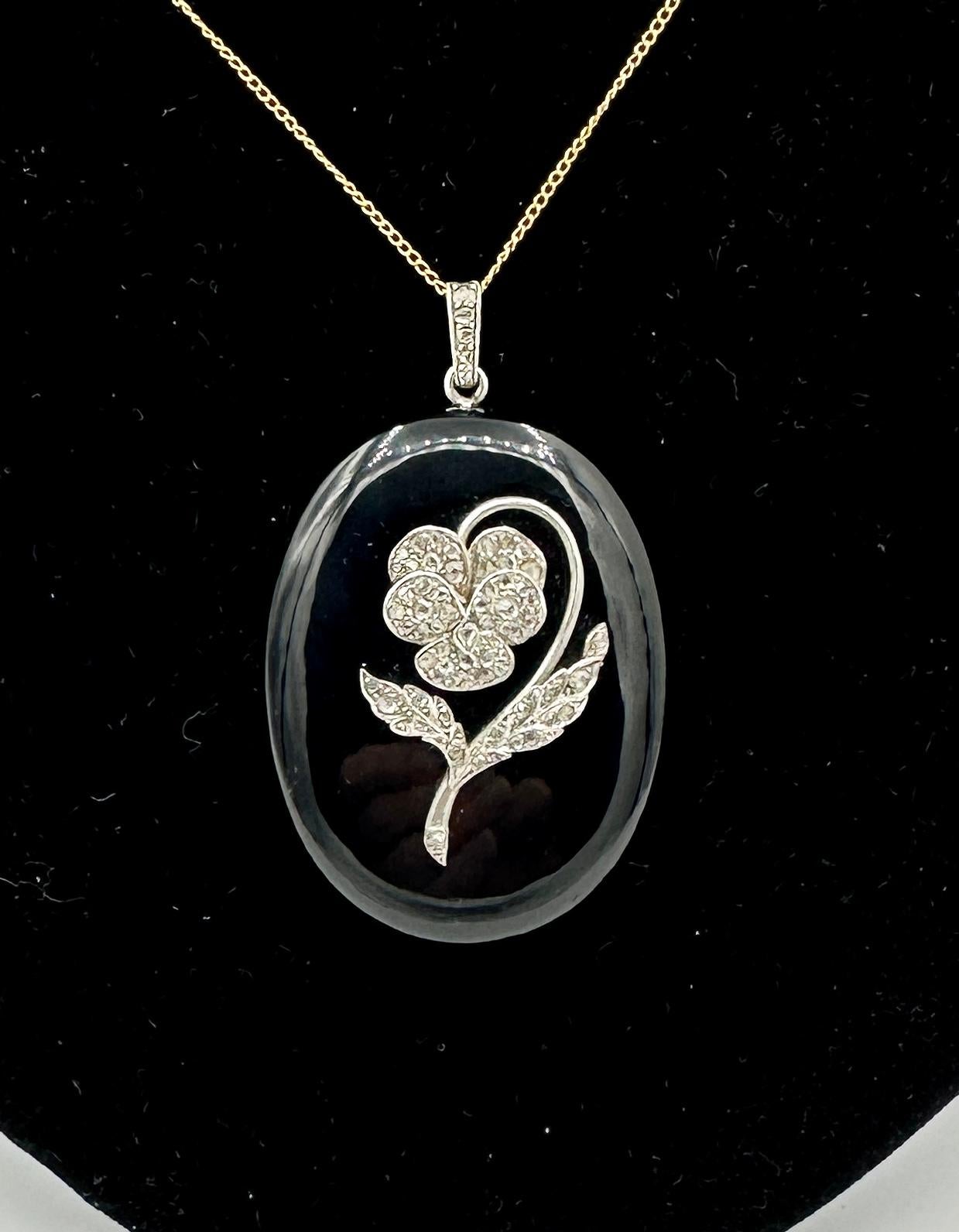 Women's or Men's Art Deco Locket Rose Cut Diamond Platinum Pansy Flower Black Onyx Pendant For Sale