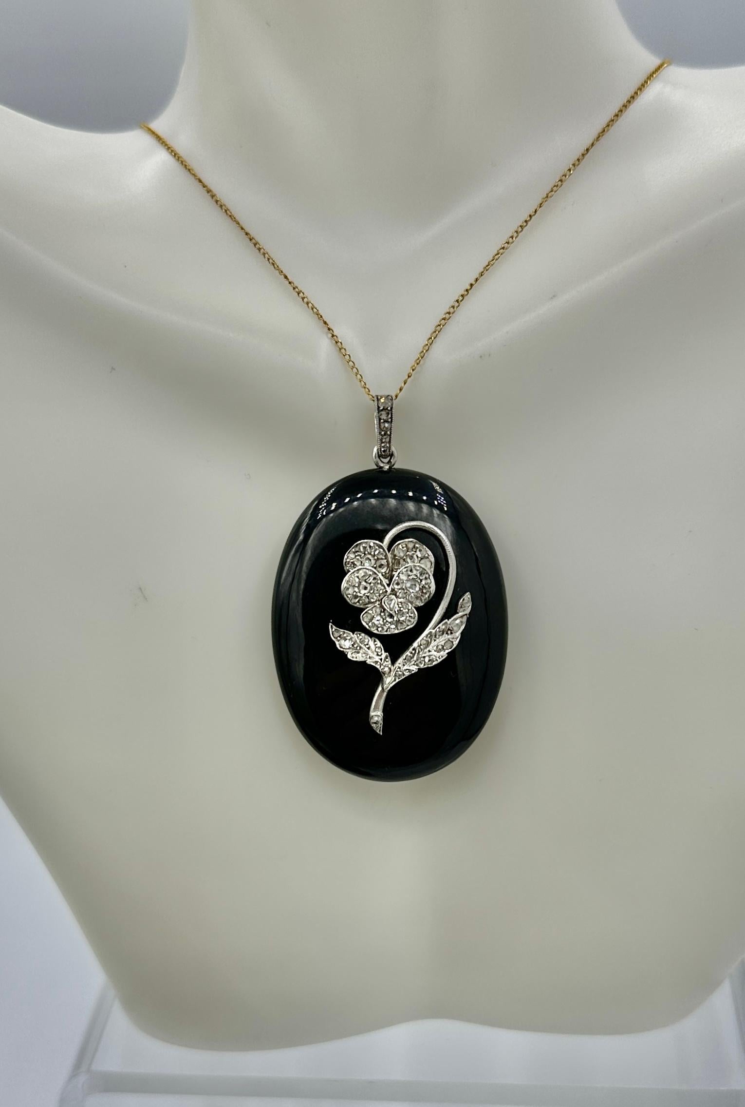 Art Deco Locket Rose Cut Diamond Platinum Pansy Flower Black Onyx Pendant For Sale 1