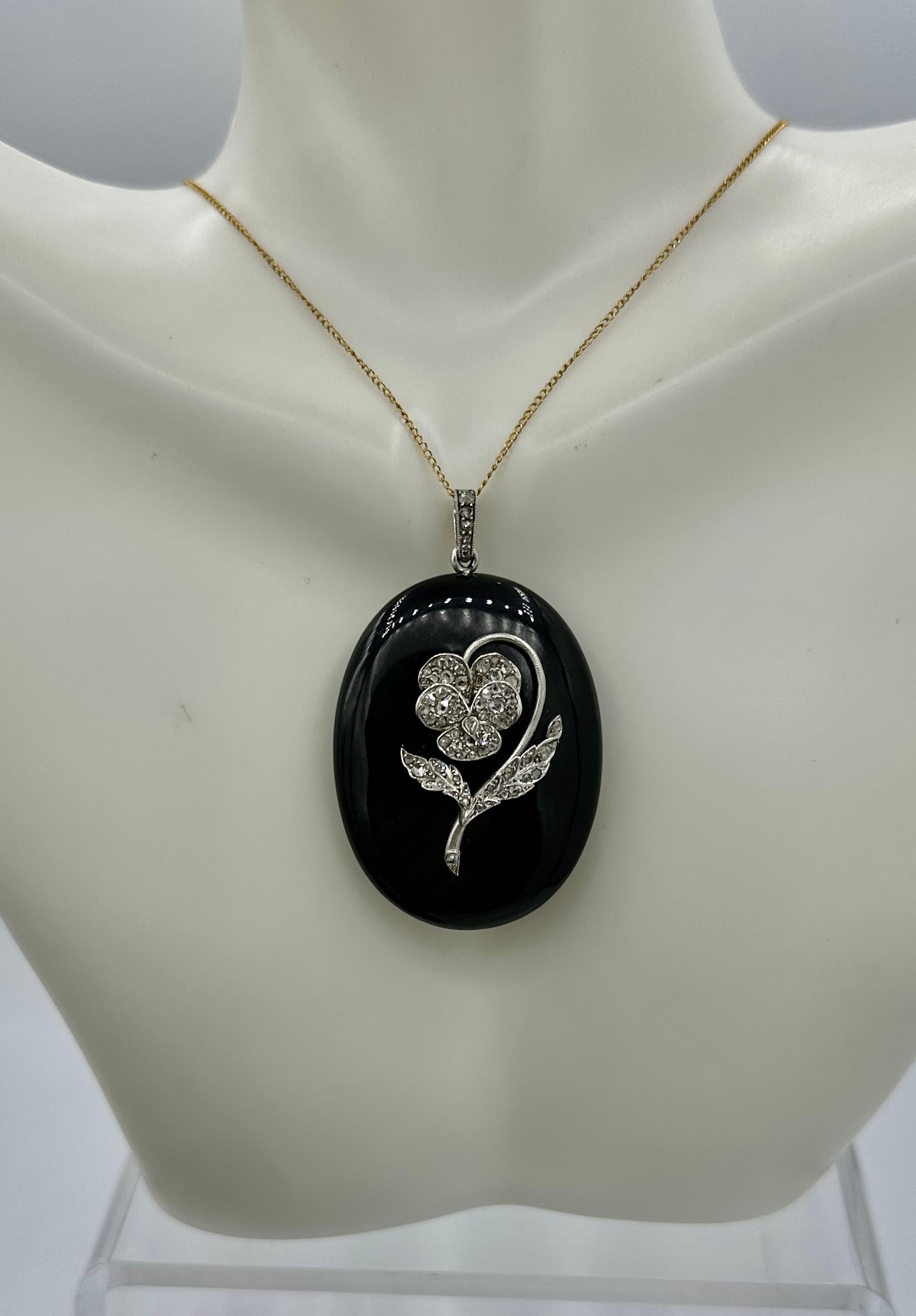 Art Deco Locket Rose Cut Diamond Platinum Pansy Flower Black Onyx Pendant For Sale 5