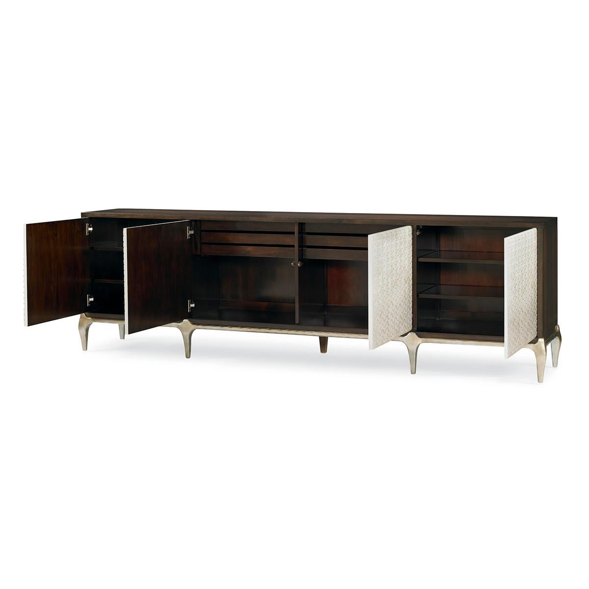Art Deco long cabinet, at 100-inches wide, there couldn’t be a more dramatic centerpiece for both entertainment and design enthusiasts. The face of this cabinet is sure to capture everyone’s attention. Each of the four touch latch doors features