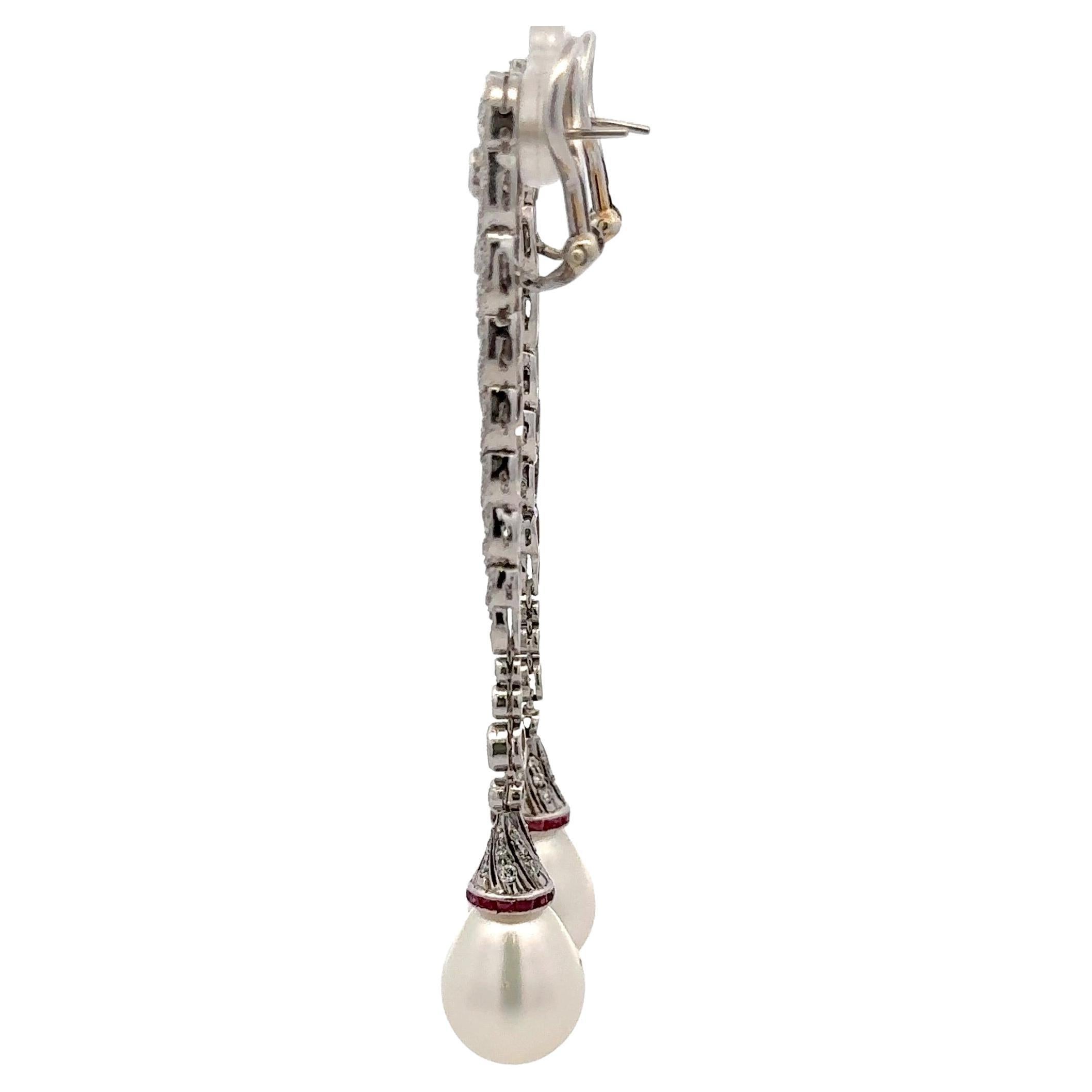 Contemporary Art Deco Long Drop Diamond Ruby Earrings 1.50 Carats 18 Karat White Gold For Sale