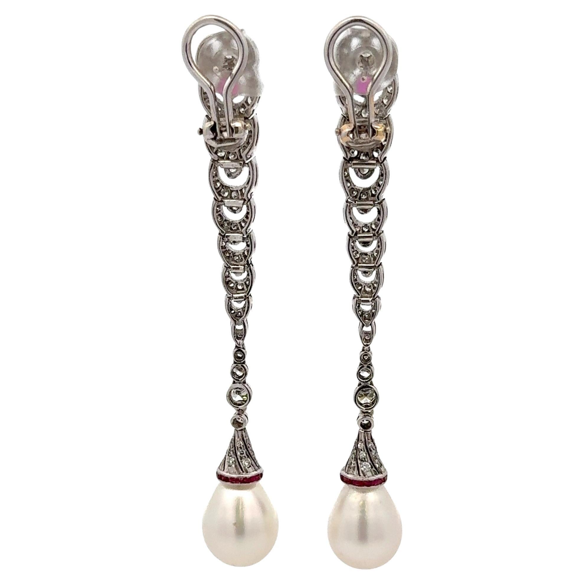 Round Cut Art Deco Long Drop Diamond Ruby Earrings 1.50 Carats 18 Karat White Gold For Sale