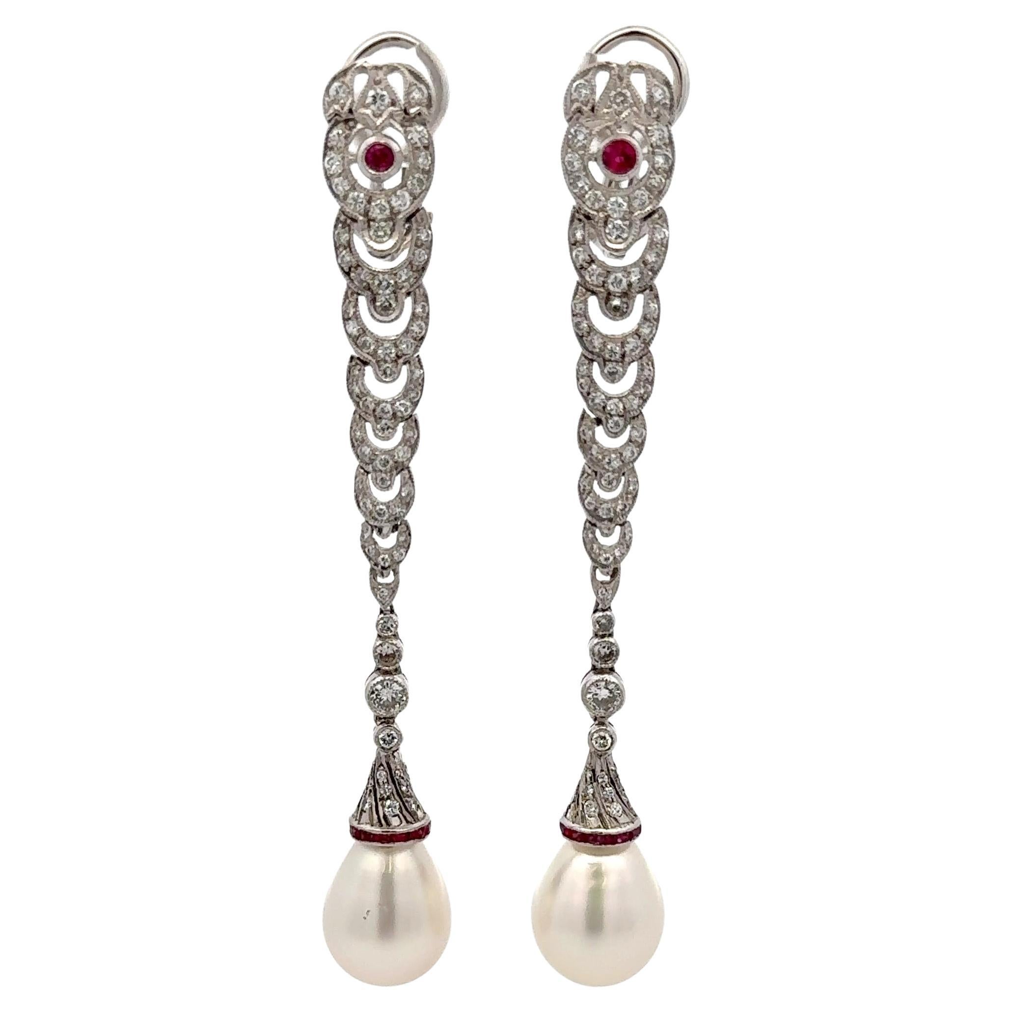 Art Deco Long Drop Diamond Ruby Earrings 1.50 Carats 18 Karat White Gold For Sale