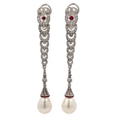 Art Deco Long Drop Diamond Ruby Earrings 1.50 Carats 18 Karat White Gold