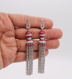 Art Deco Long Drop Earrings in 18Kt White Gold 11.94 Ctw in Diamonds and Rubies
