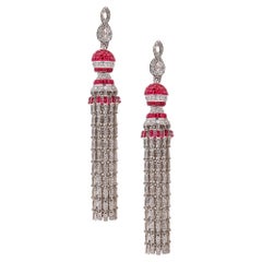 Art Deco Long Drop Earrings in 18Kt White Gold 11.94 Ctw in Diamonds and Rubies