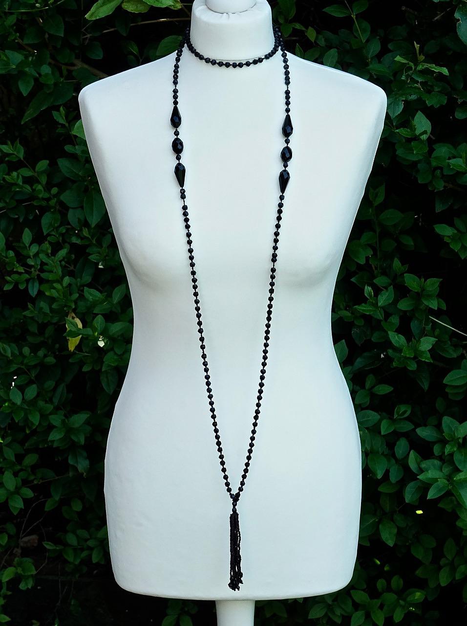 Art Deco Long Hand Cut French Jet Beads Tassel Flapper Necklace circa 1920s 1
