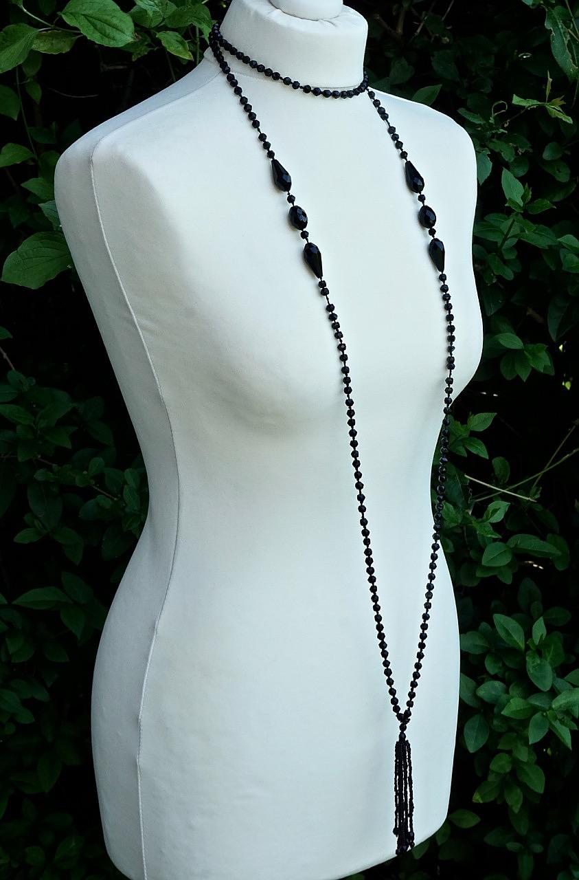 Art Deco Long Hand Cut French Jet Beads Tassel Flapper Necklace circa 1920s 2