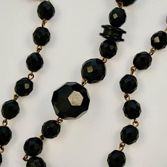 Art Deco Long French Jet Faceted Bead Necklace on Gold Tone Chain