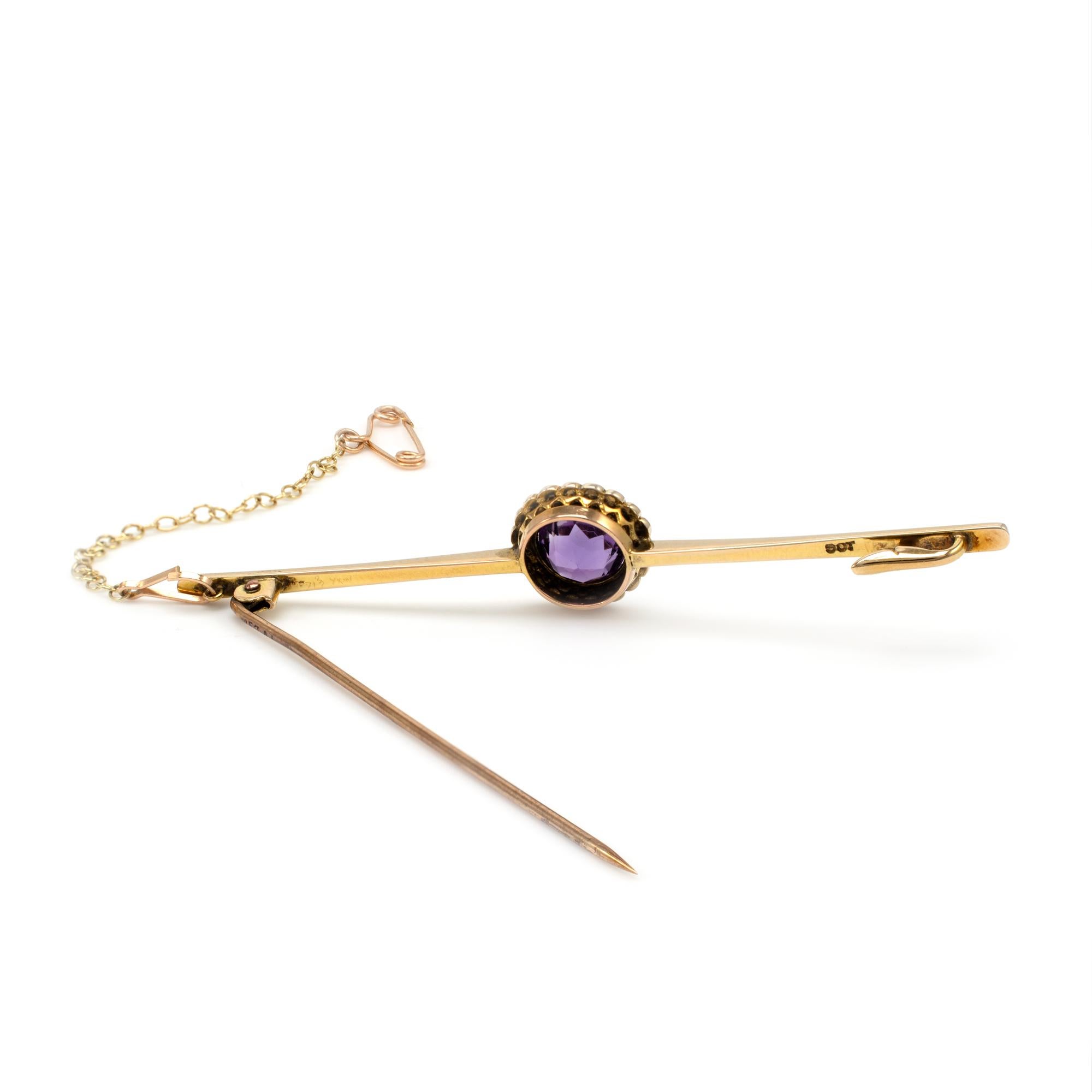 Round Cut Art Deco Amethyst Pearl Halo Bar Brooch, circa 1930s For Sale