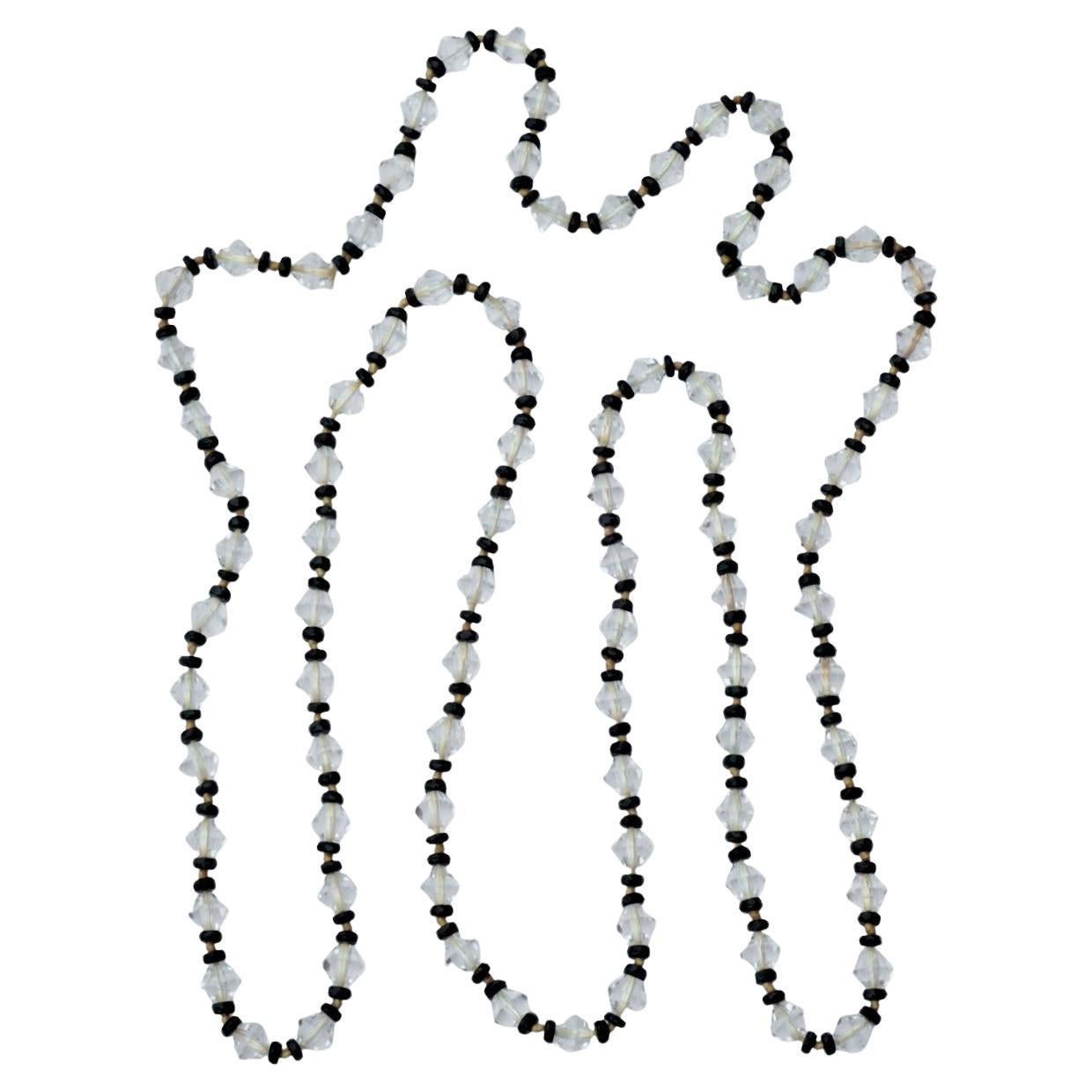 Collana Flapper Art Deco lunga, tagliata a mano, con perline trasparenti e getto francese, circa 1920
