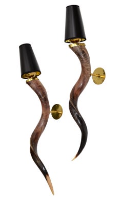 Art Deco Long Horn & Brass Sconces Wall Lights Black & Gold Paper Shades, Pair