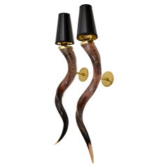Art Deco Long Horn & Brass Sconces Wall Lights Black & Gold Paper Shades, Pair