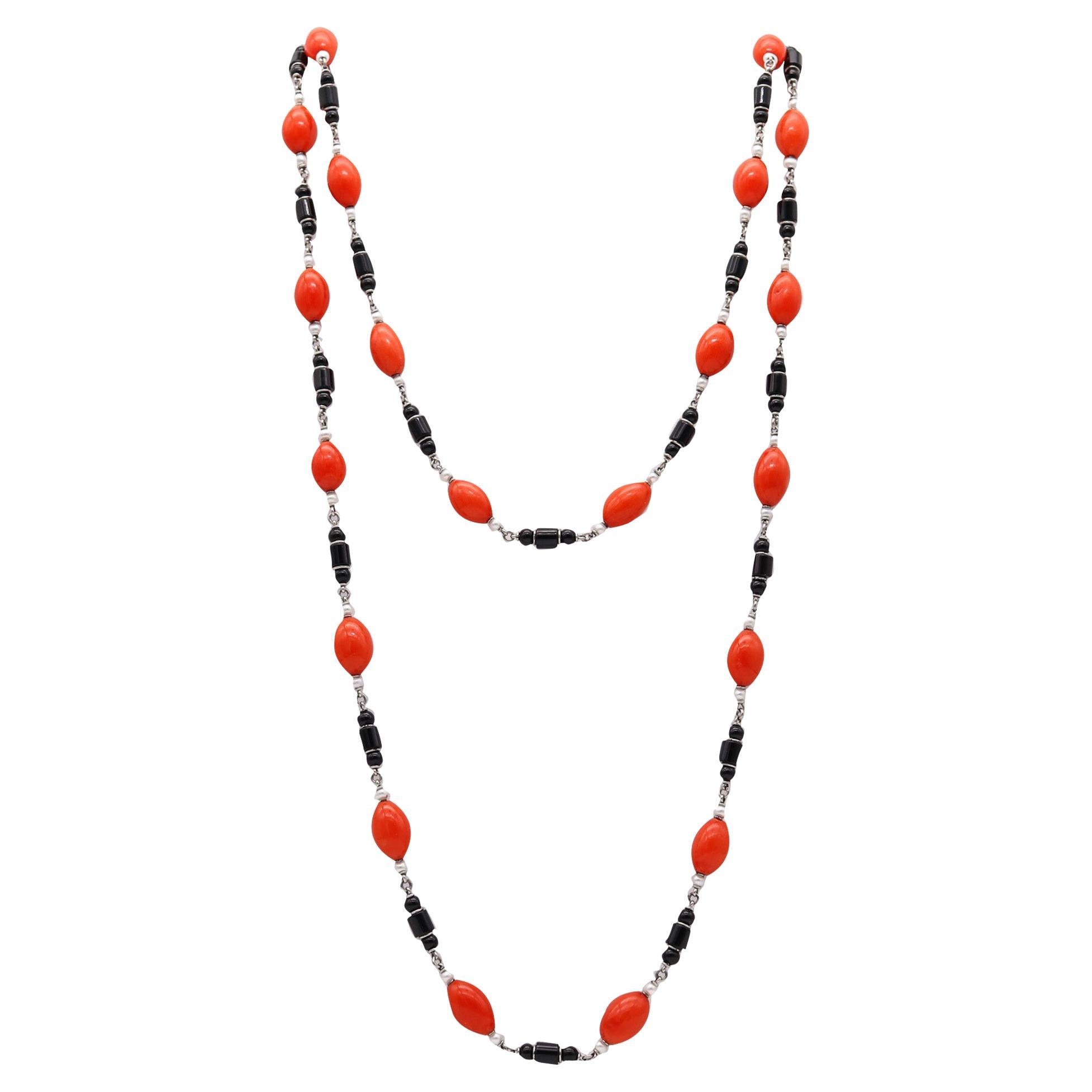 Art Deco Long Necklace Sautoir in Platinum with Red Coral Onyx and Pearls