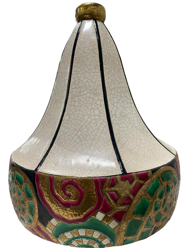 Art-deco Longwy Emaille Vase 'Fougeres' Dekor D5025 (Keramik) im Angebot