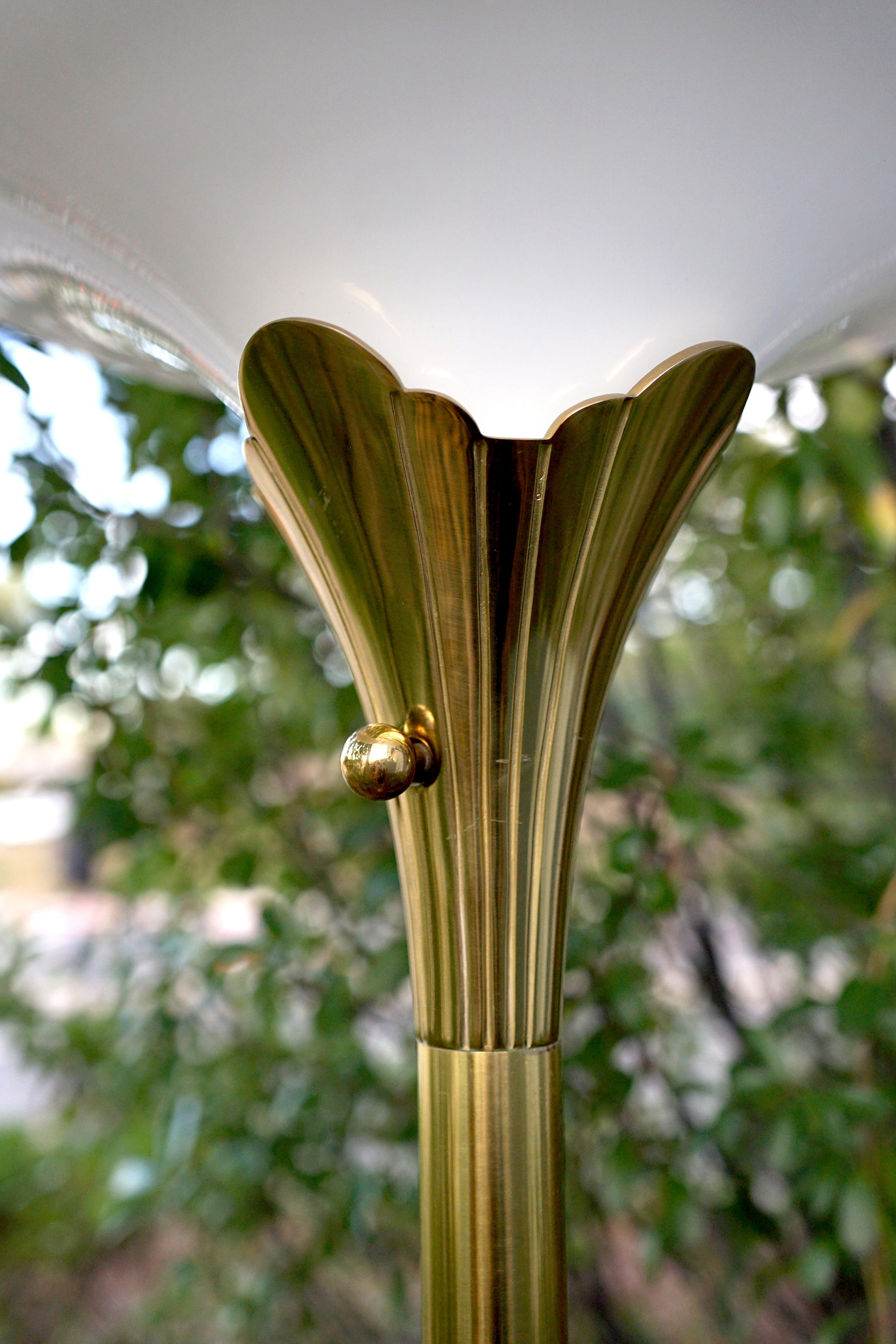 Art Deco Lotus Flower Stiffel Vintage Brass Floor Lamp with Glass Shade 4