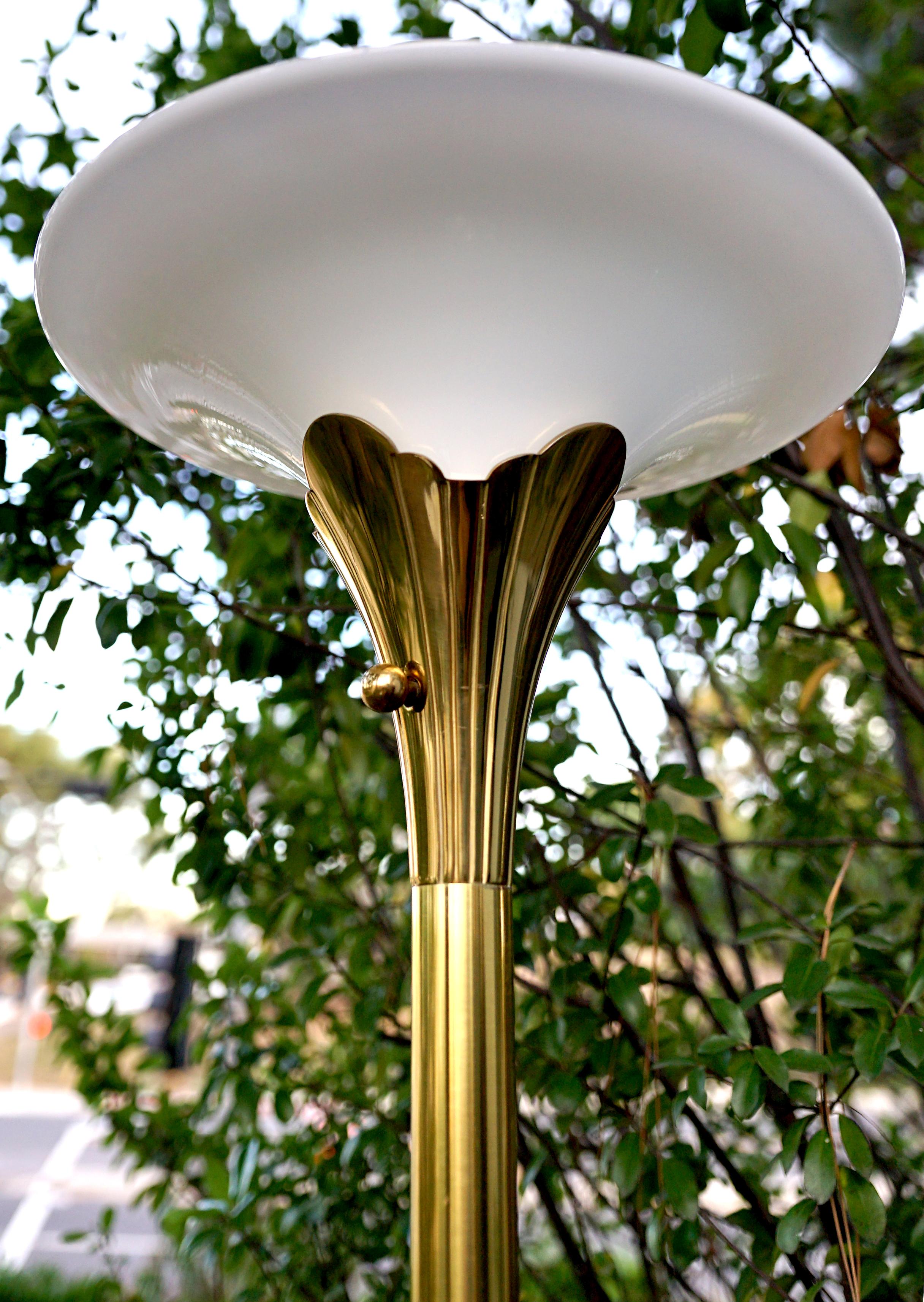 Art Deco Lotus Flower Stiffel Vintage Brass Floor Lamp with Glass Shade 6