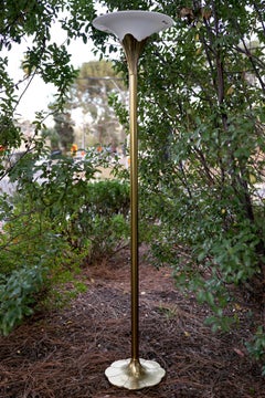 Art Deco Lotus Flower Stiffel Vintage Brass Floor Lamp with Glass Shade