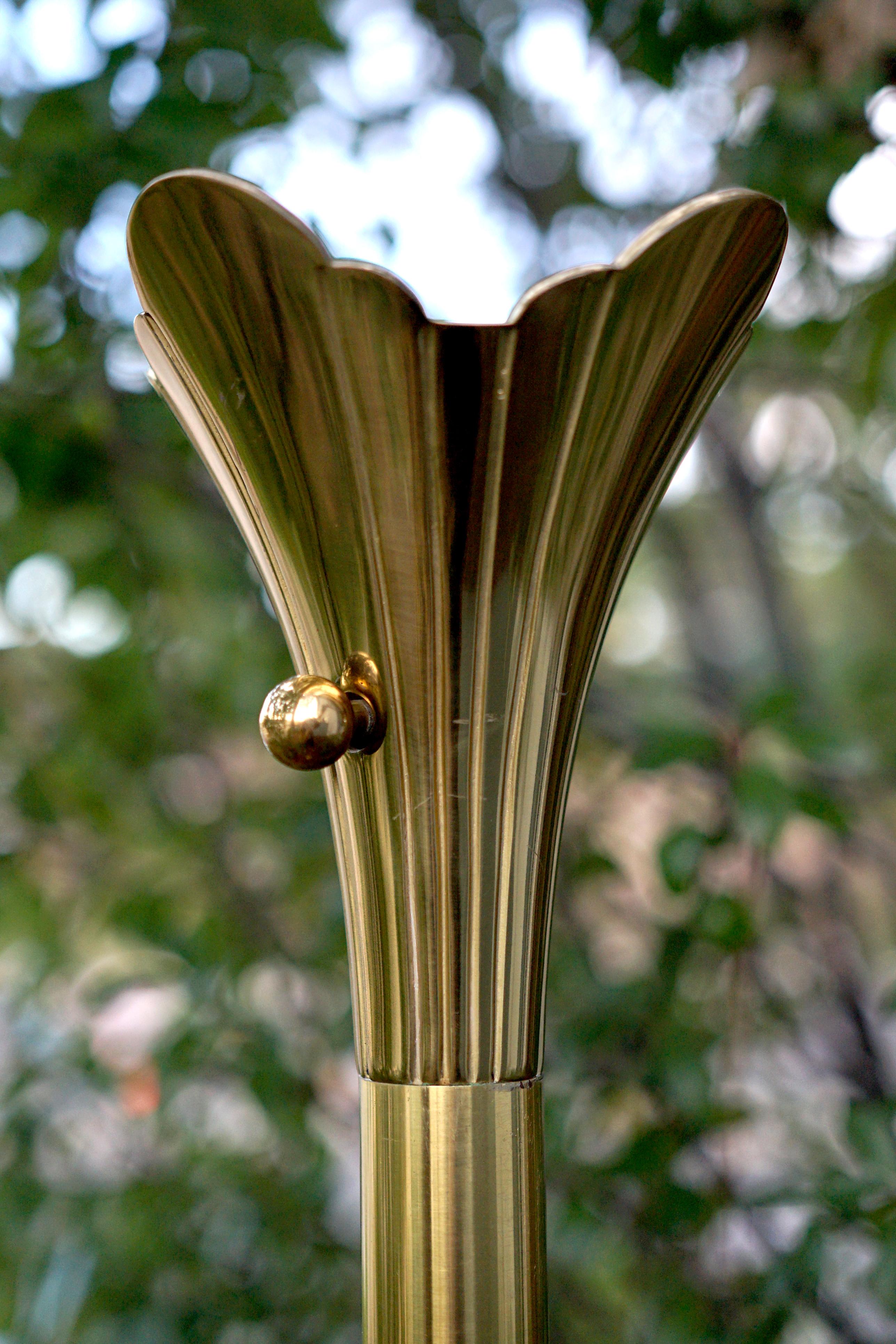20th Century Art Deco Lotus Flower Stiffel Vintage Brass Floor Lamp with Glass Shade