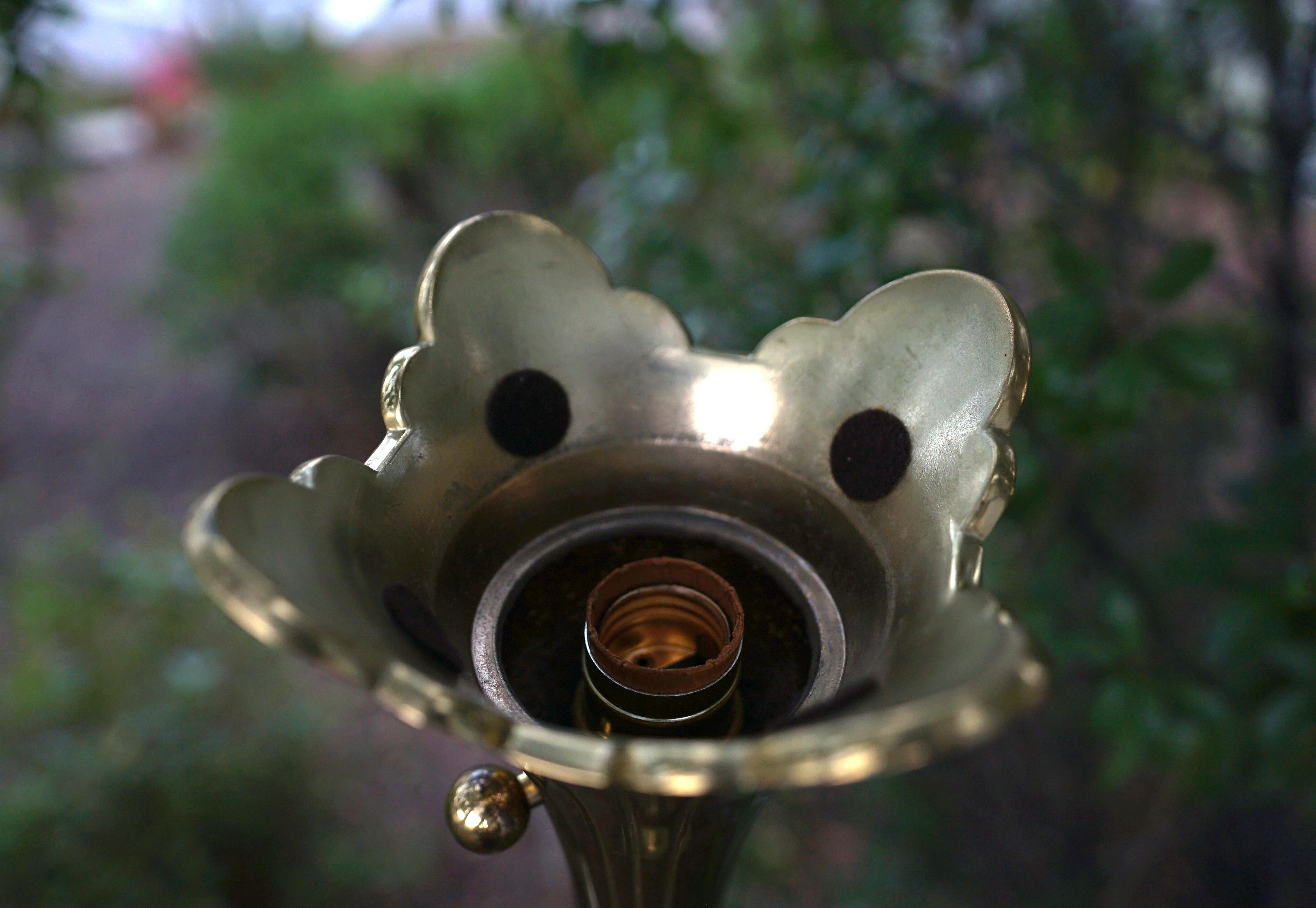 Art Deco Lotus Flower Stiffel Vintage Brass Floor Lamp with Glass Shade 1