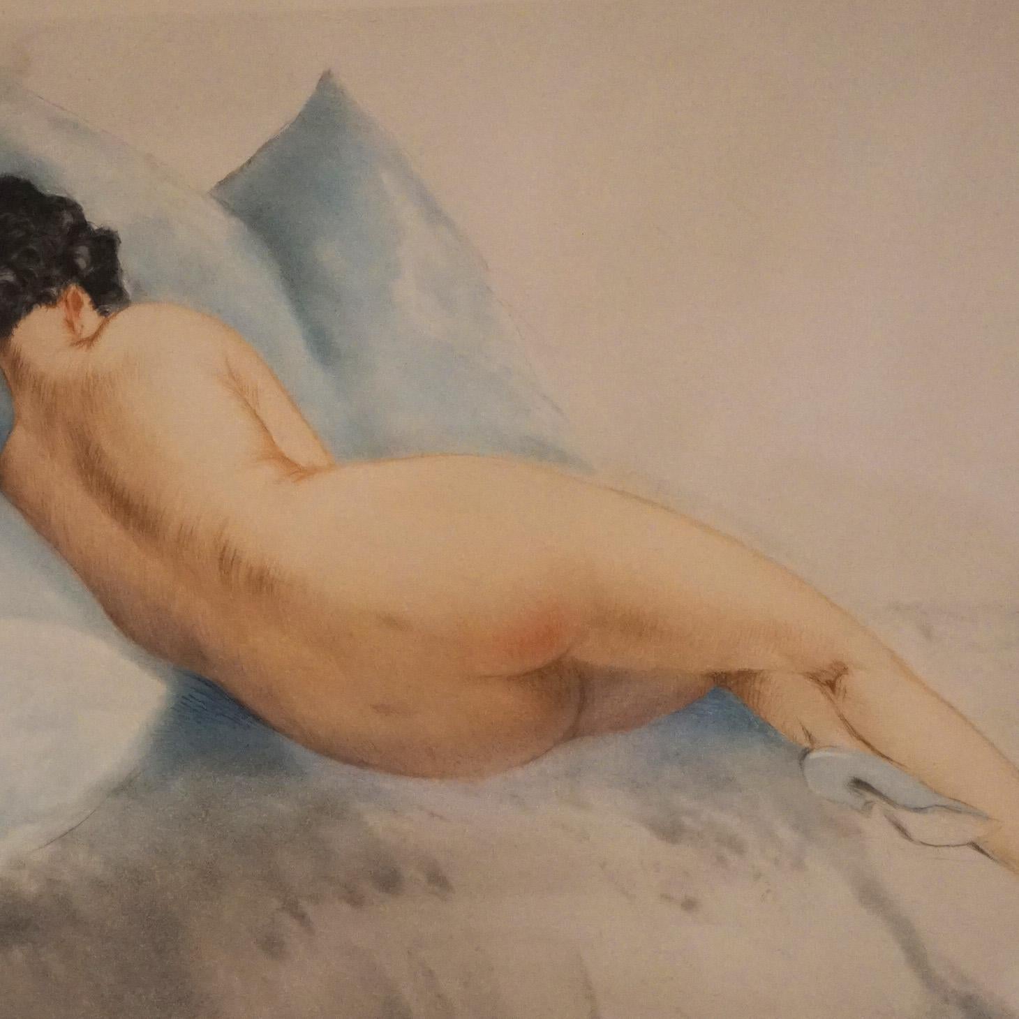Art Deco Louis Icart Etching of Reclining Nude Woman, Signed, C1920 In Good Condition In Big Flats, NY