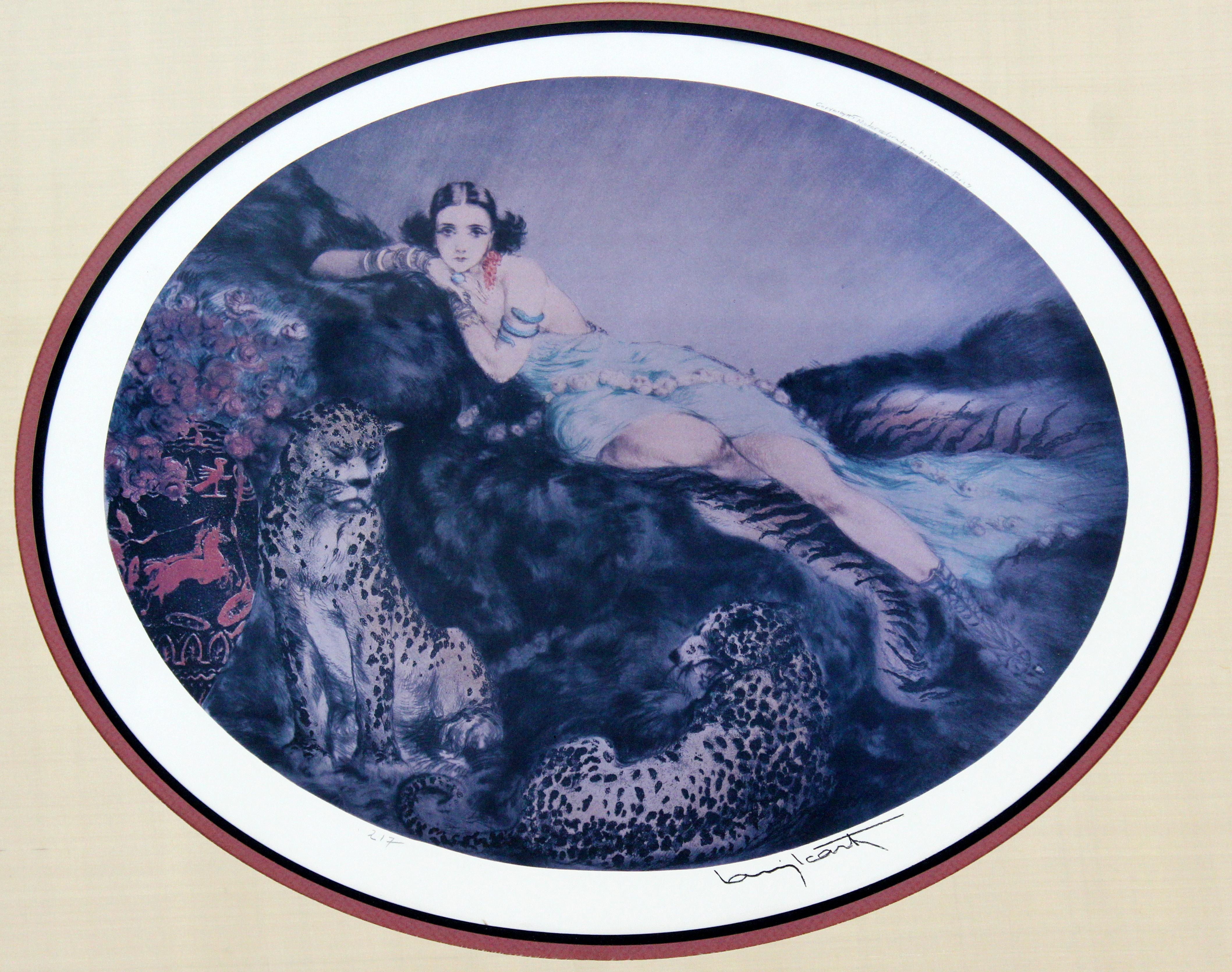 For your consideration is an incredible lithograph of an original etching of a women, by Louis Icart, which is signed in plate. Icart was French born in 1888 and died in 1950 and was best known for his drawings of glamorous women in classic poses.