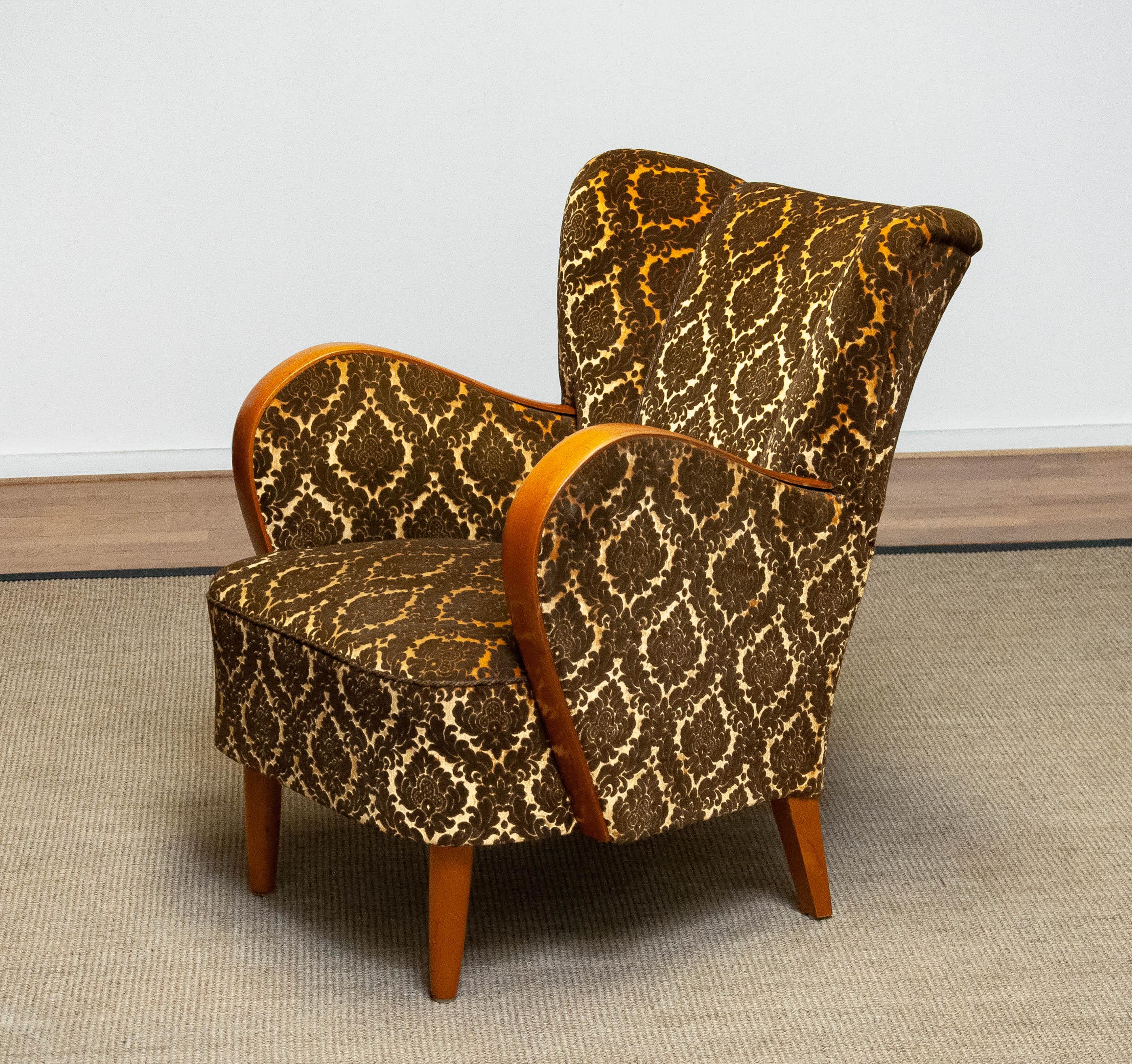 Art-Déco-Loungesessel mit Armlehnen aus Ulmenholz im Fritz Hansen-Stil. Dänemark 1940er Jahre (Wolle) im Angebot