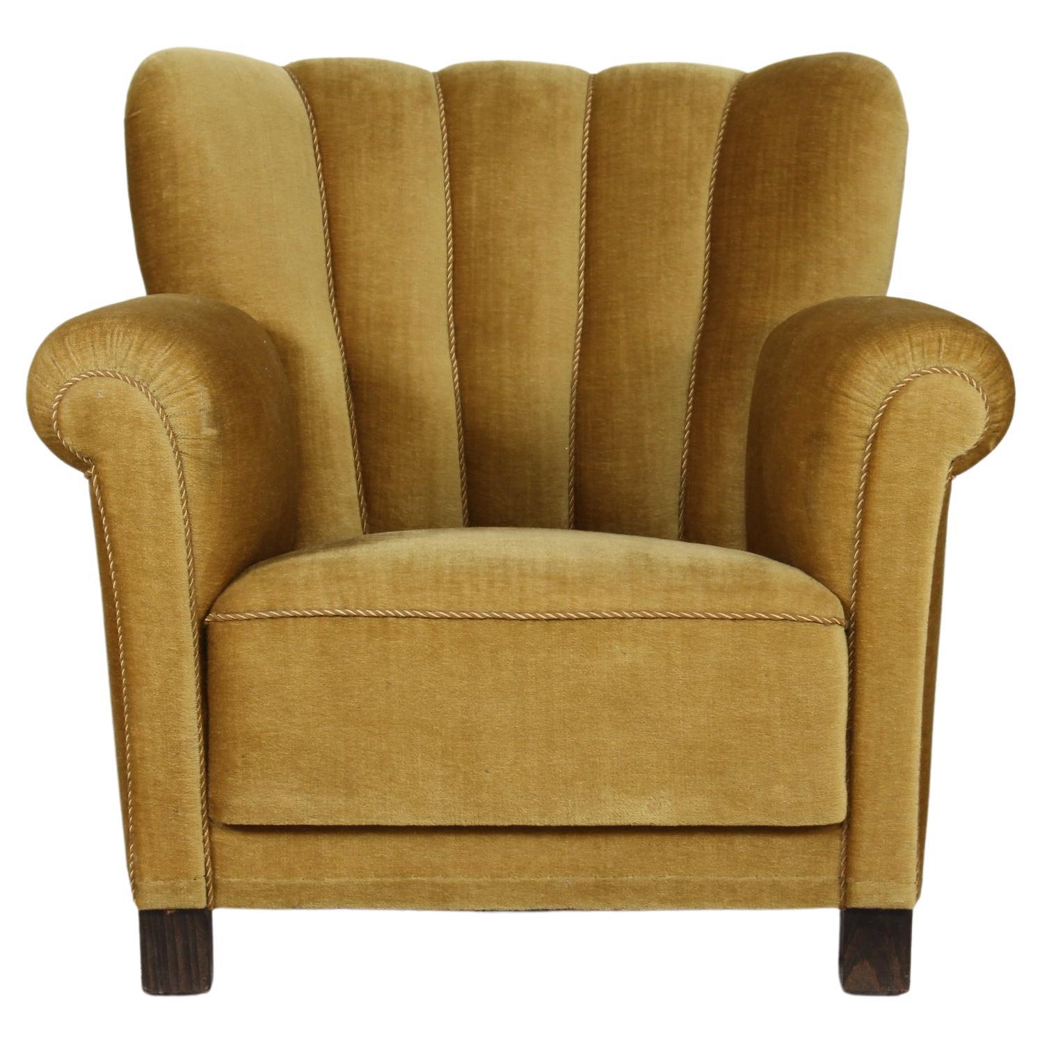 Art Deco Lounge Chair Fritz Hansen Style Olive Green Velvet, Denmark 1930s-1940s For Sale