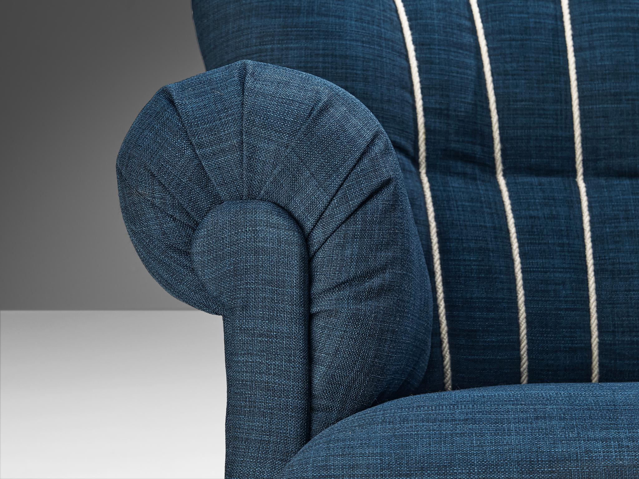 European Art Deco Lounge Chair in Blue Upholstery For Sale