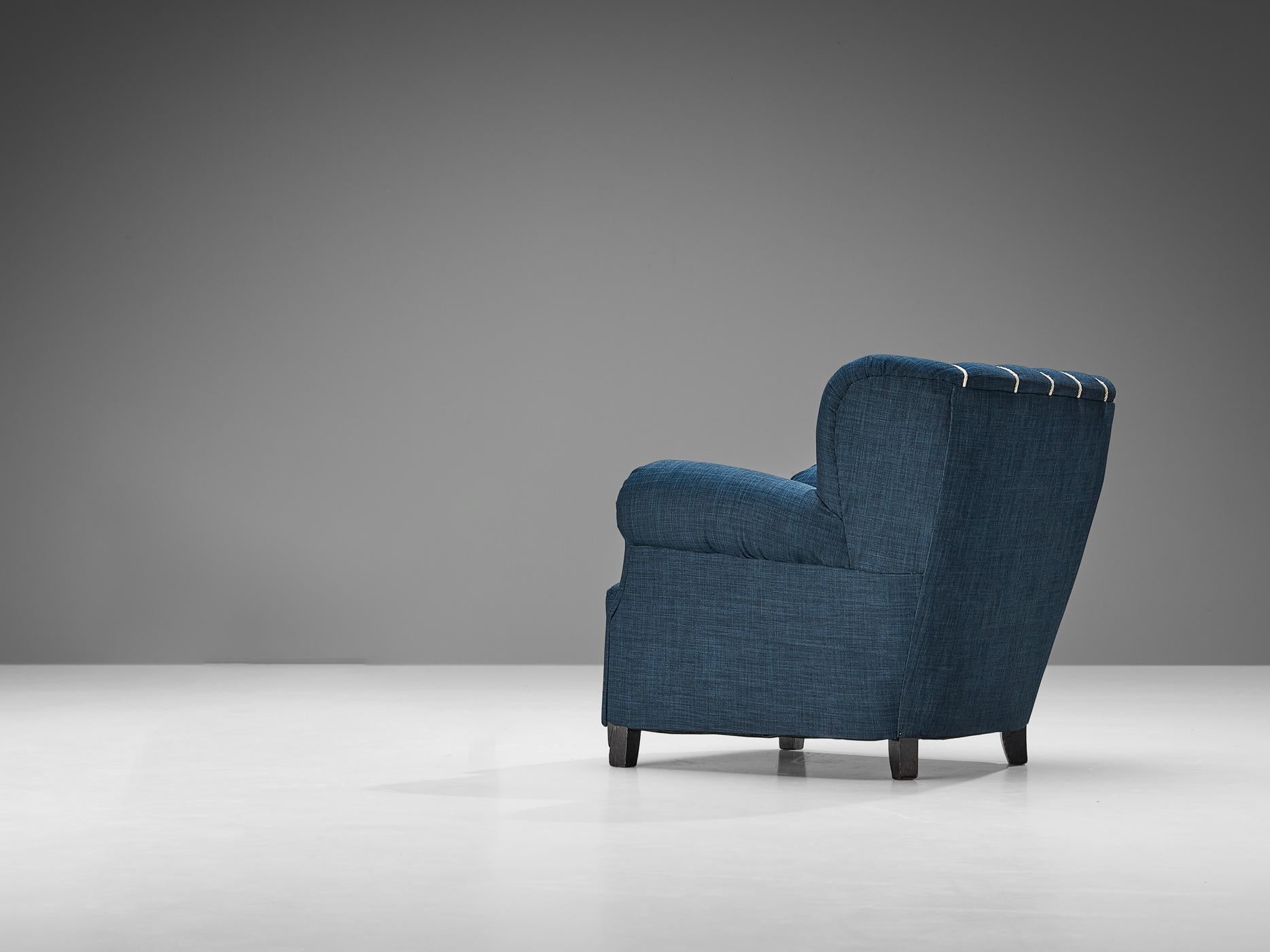 Fabric Art Deco Lounge Chair in Blue Upholstery For Sale