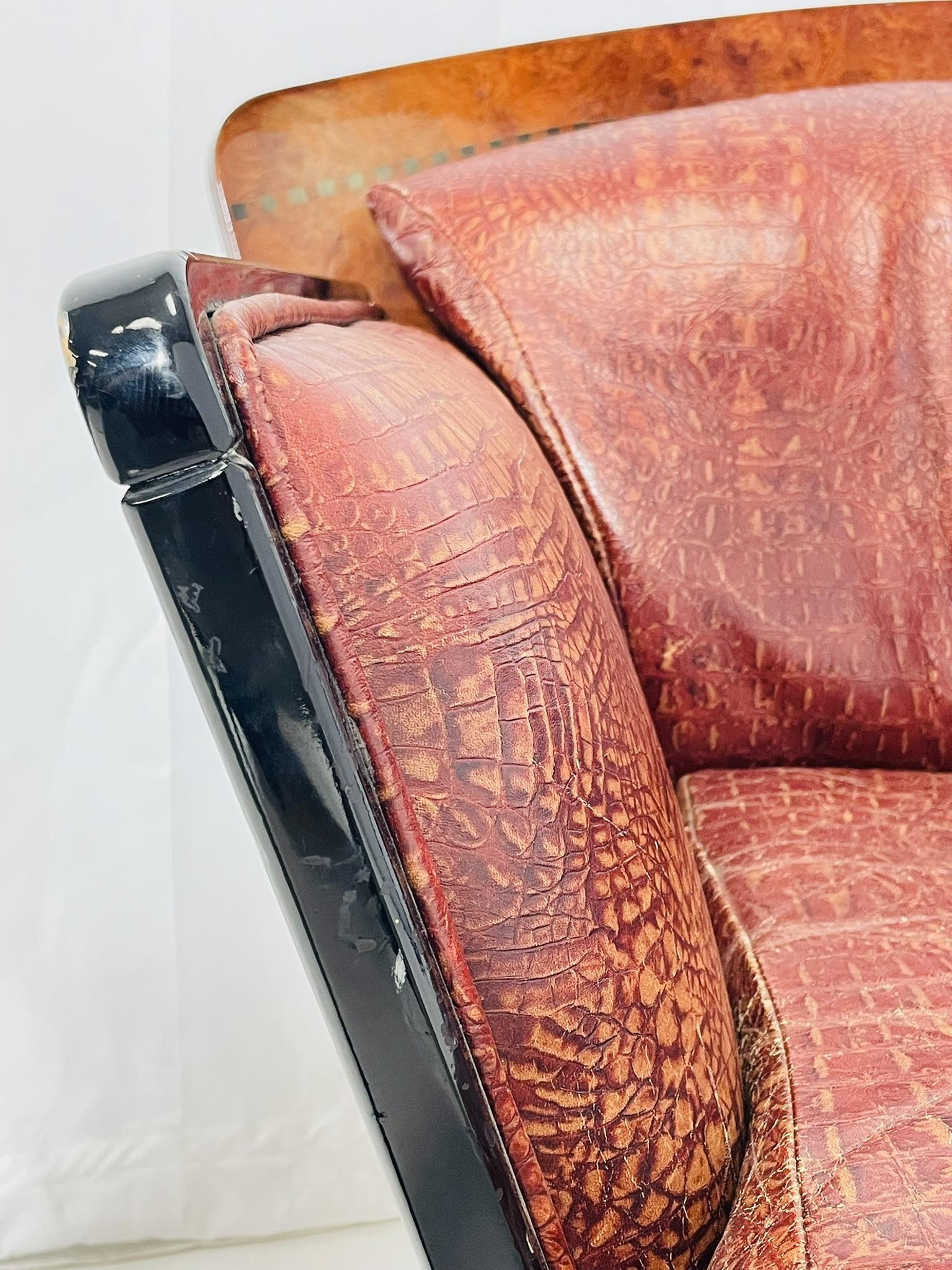 Art Deco Lounge Chair in Burlwood & Leather, France 1940's For Sale 11