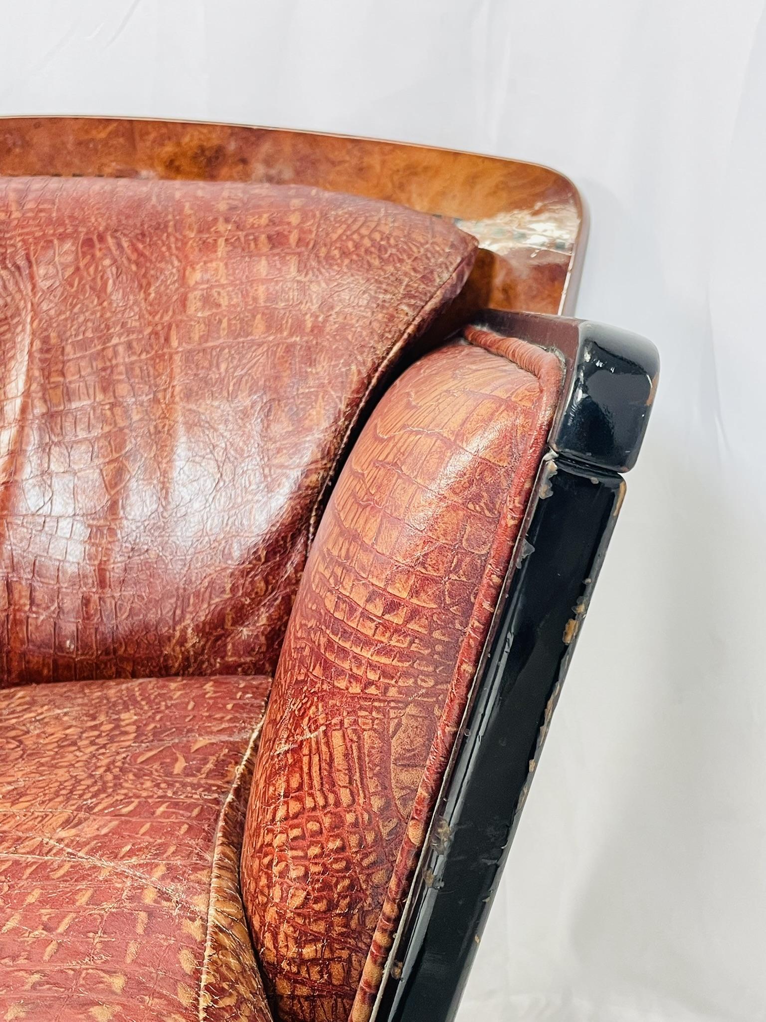 Art Deco Lounge Chair in Burlwood & Leather, France 1940's For Sale 12