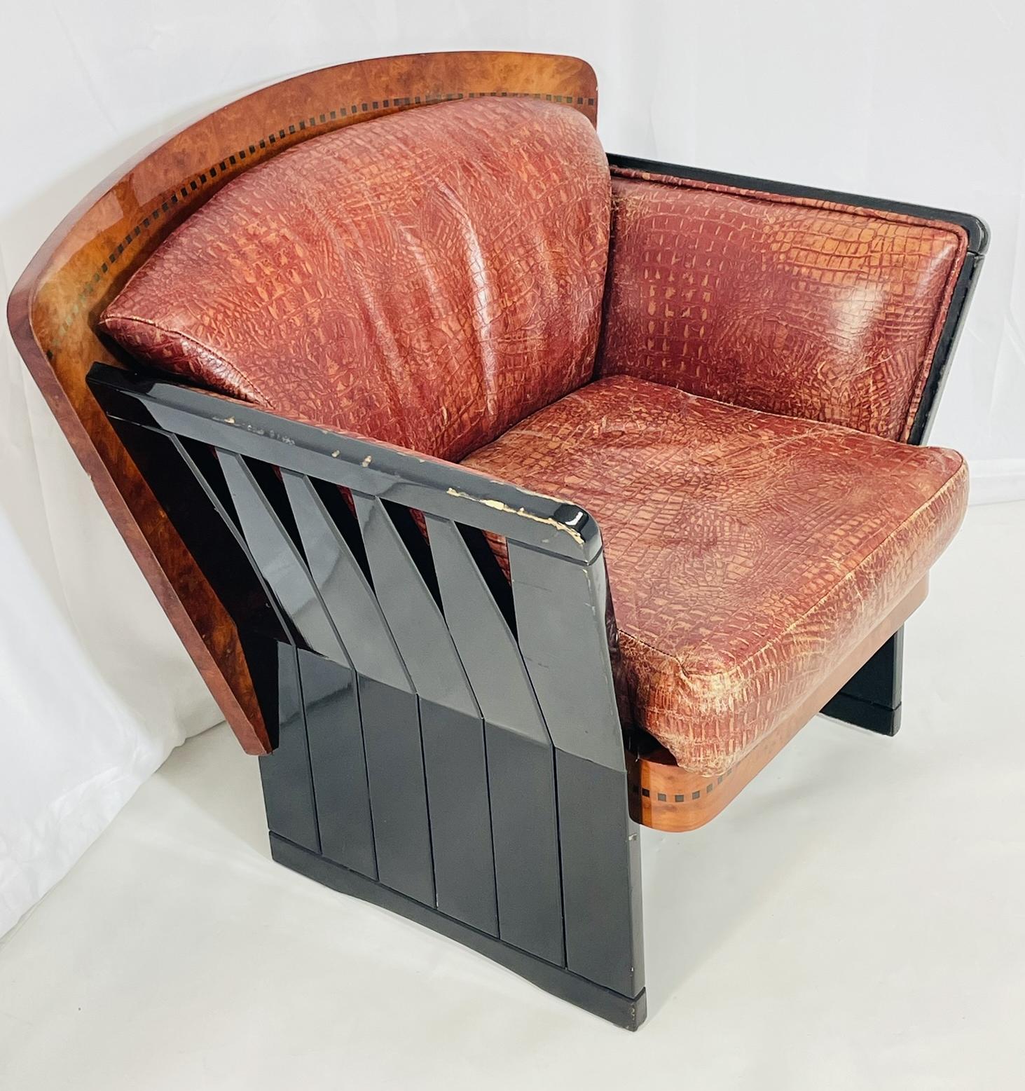 Hand-Crafted Art Deco Lounge Chair in Burlwood & Leather, France 1940's For Sale
