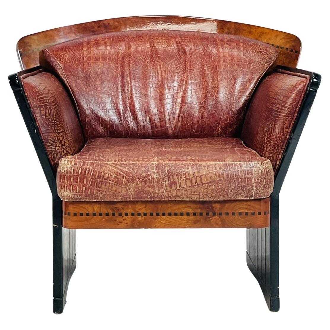 Art Deco Lounge Chair in Burlwood & Leather, France 1940's