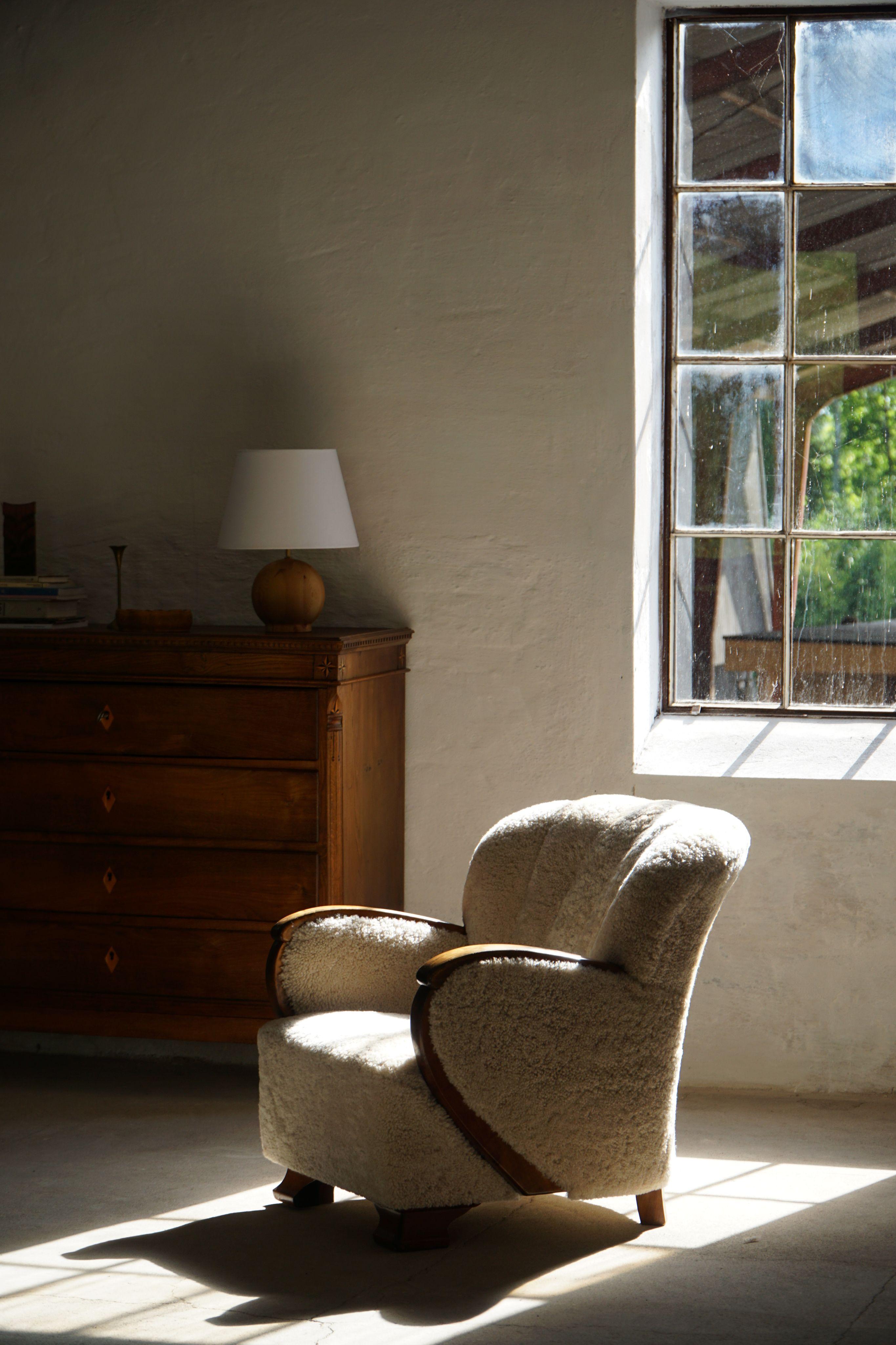Art Deco Lounge Chair in Lambswool & Birch, Danish Cabinetmaker, 1930s For Sale 6