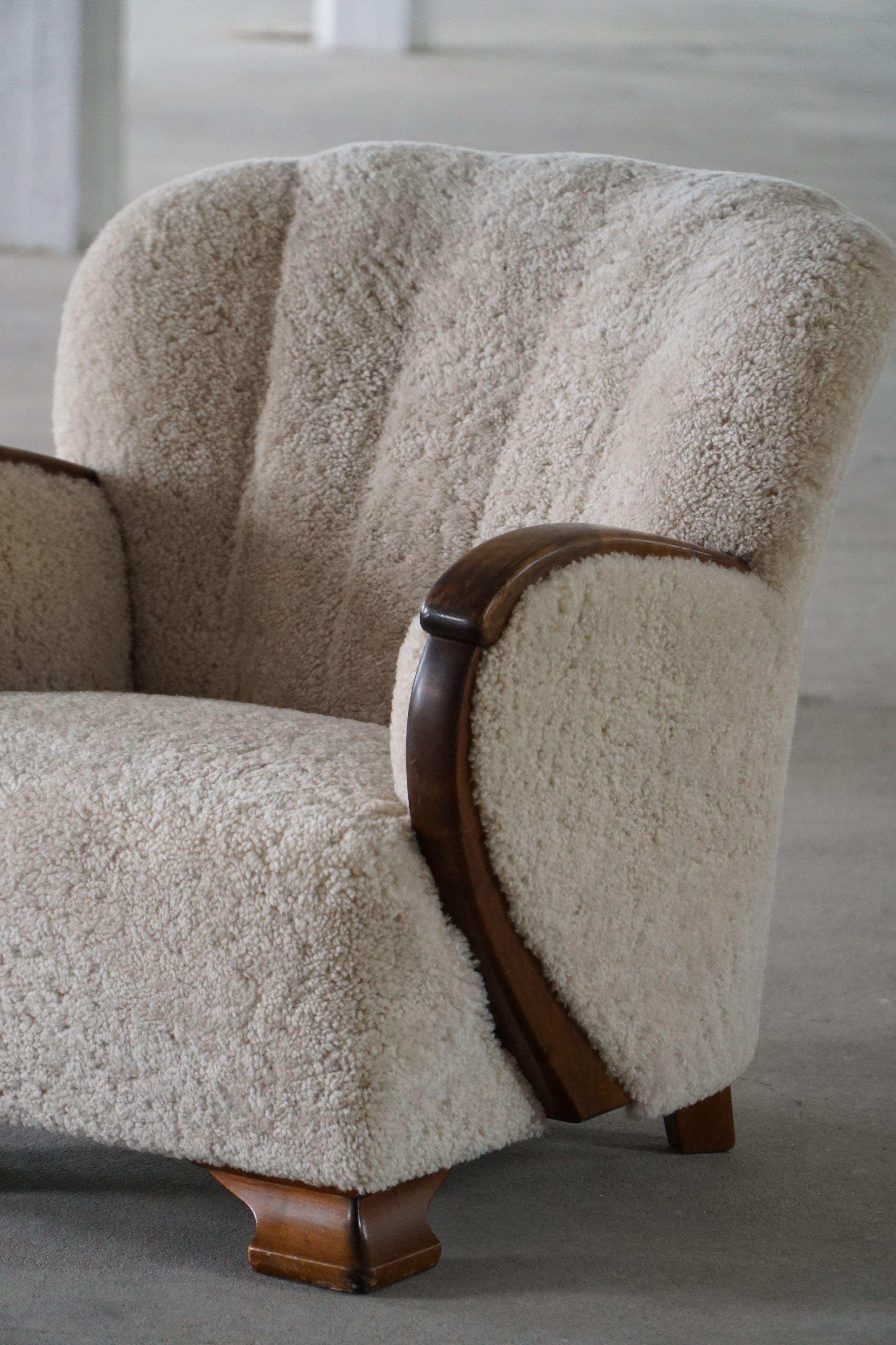 Art Deco Lounge Chair in Lambswool & Birch, Danish Cabinetmaker, 1930s For Sale 3
