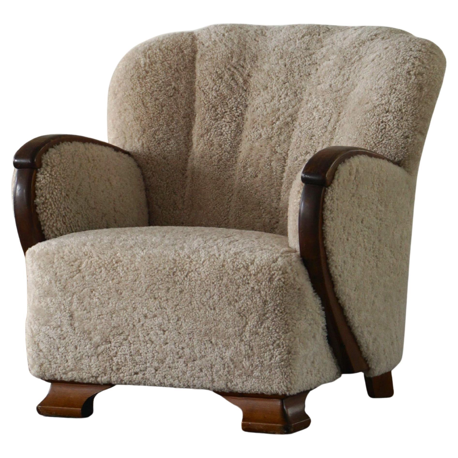 Art Deco Lounge Chair in Lambswool & Birch, Danish Cabinetmaker, 1930s