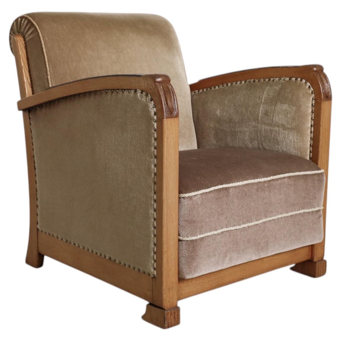 Art Deco Lounge Chair with Mohair Upholstery and Carved Duck Motifs
