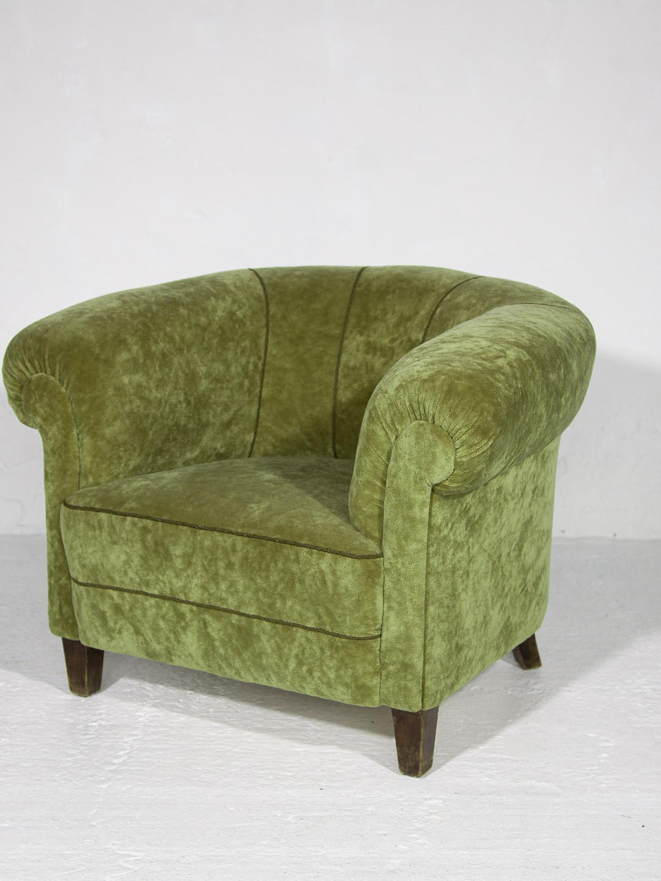 French Art Deco Lounge Chairs in Green Olive Velvet Upholstery For Sale