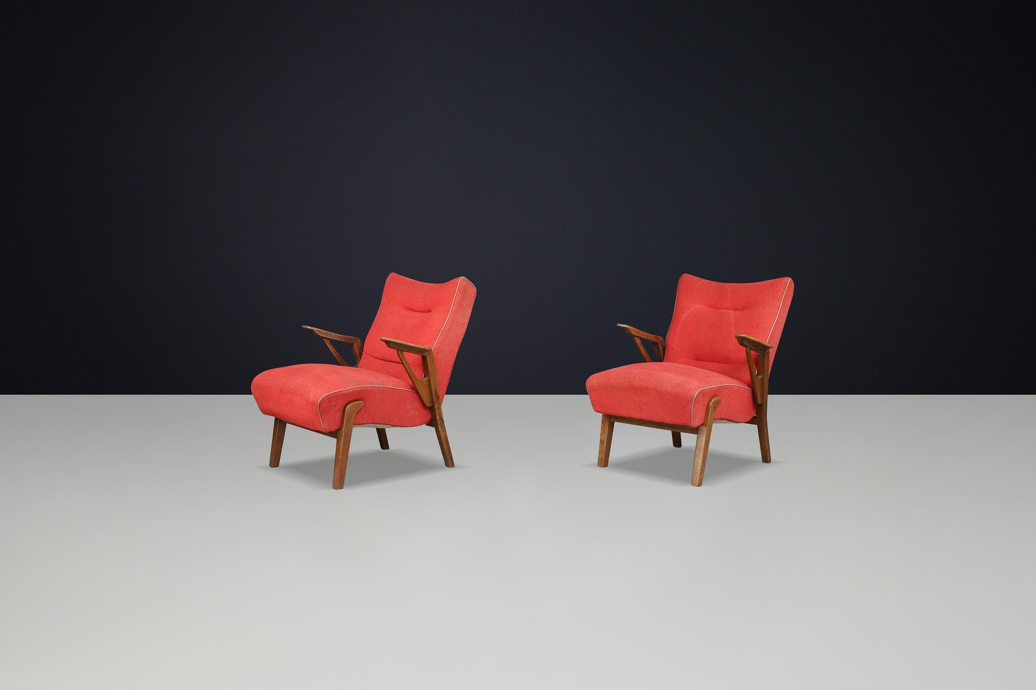 20th Century Art Deco lounge chairs in Oak and Original Upholstery By Antonin Kybal, CZ 1930s For Sale