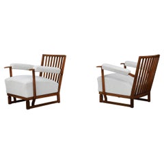 Art Deco Lounge Chairs in Oak 
Reupholstered Bouclé Fabric – France, 1940s