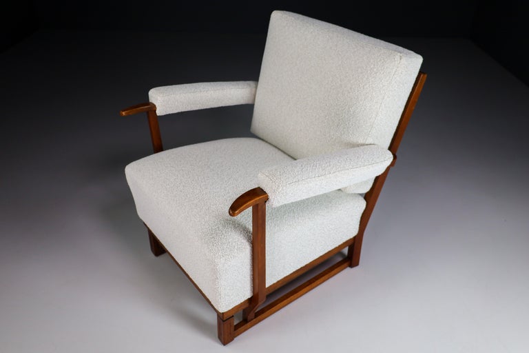 Art Deco Lounge Chairs in Oak & Reupholstered in Bouclé Fabric France '40s For Sale 1