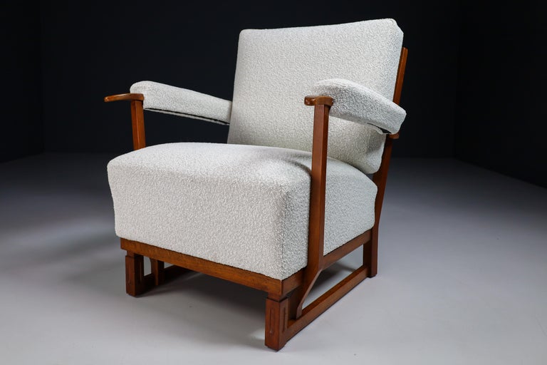 Art Deco Lounge Chairs in Oak & Reupholstered in Bouclé Fabric France '40s For Sale 2