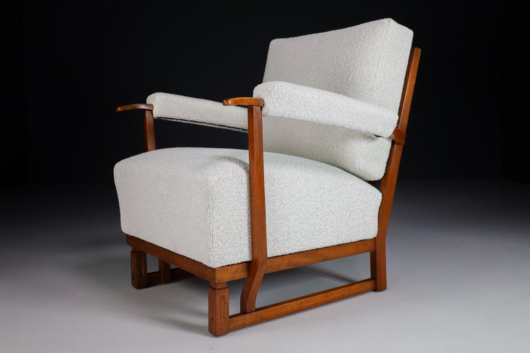 Art Deco Lounge Chairs in Oak & Reupholstered in Bouclé Fabric France '40s For Sale 4