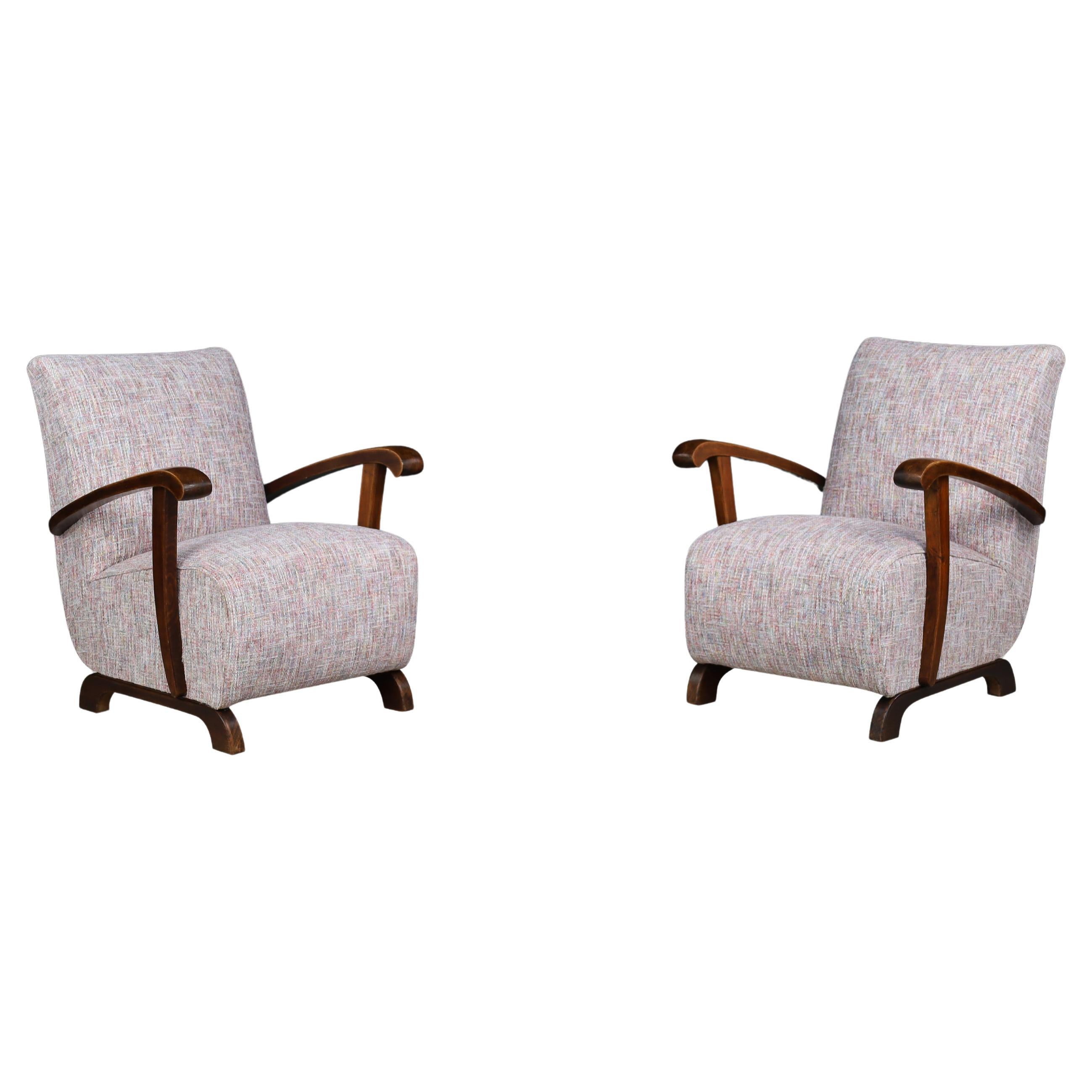 Art Deco lounge chairs in patinated beechwood and multicolor fabric, CZ 1940s